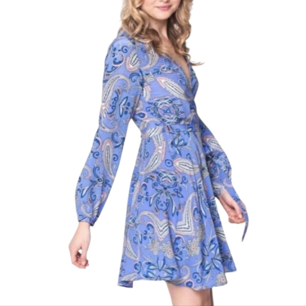 YUMI KIM Paisley Wrap Dress Silk Lavender Purple Pink Black Gold L 8 10